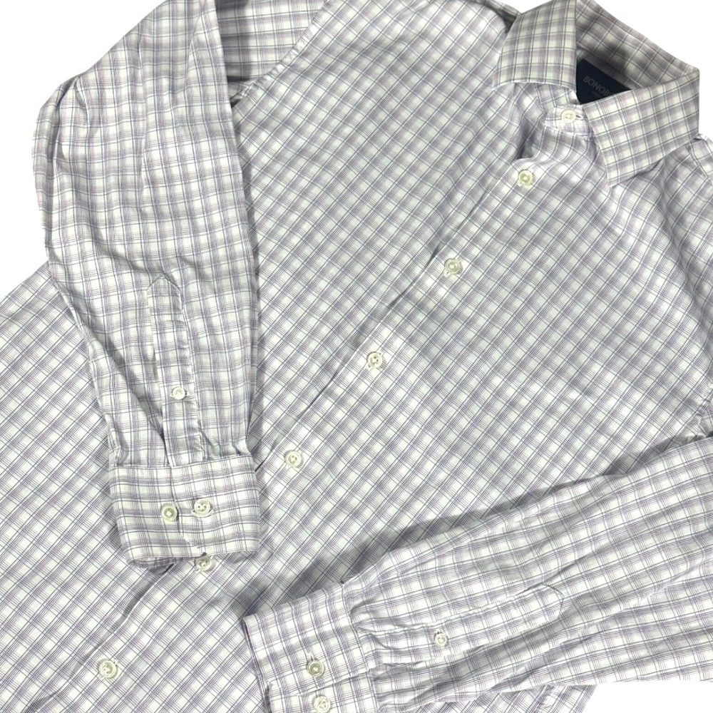 Bonobos Dress Shirt Mens 16/35 White Purple Plaid Slim Fit Stretch Long Sleeve‎